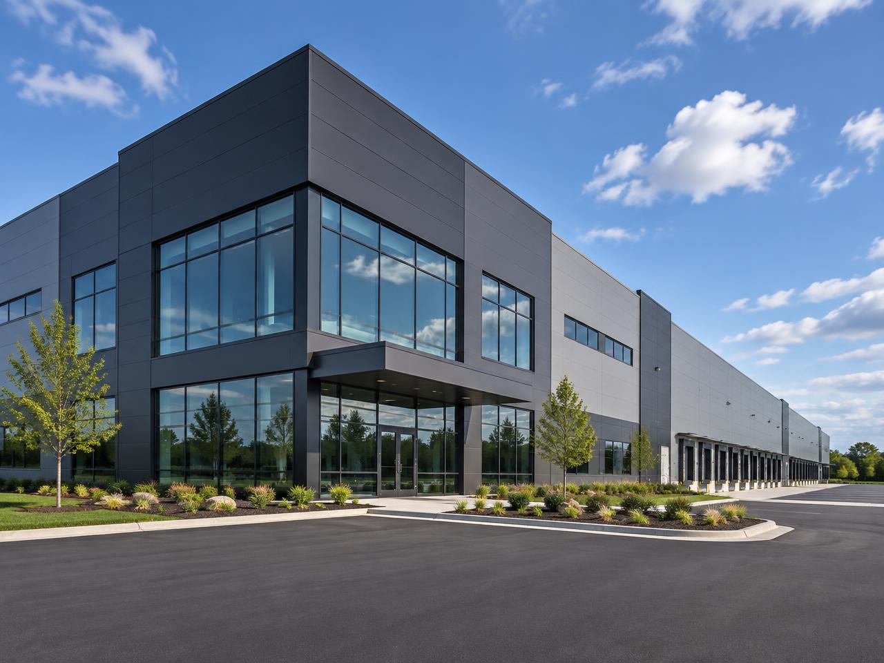Exterior of a modern distribution and office facility with glass entrance