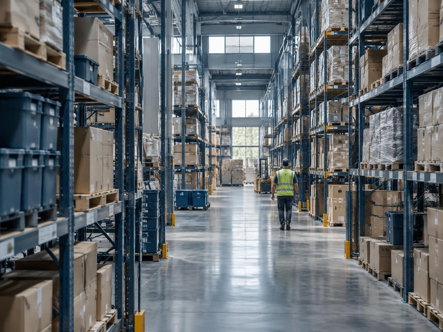 Organized distribution warehouse with stocked shelving and a supply team member